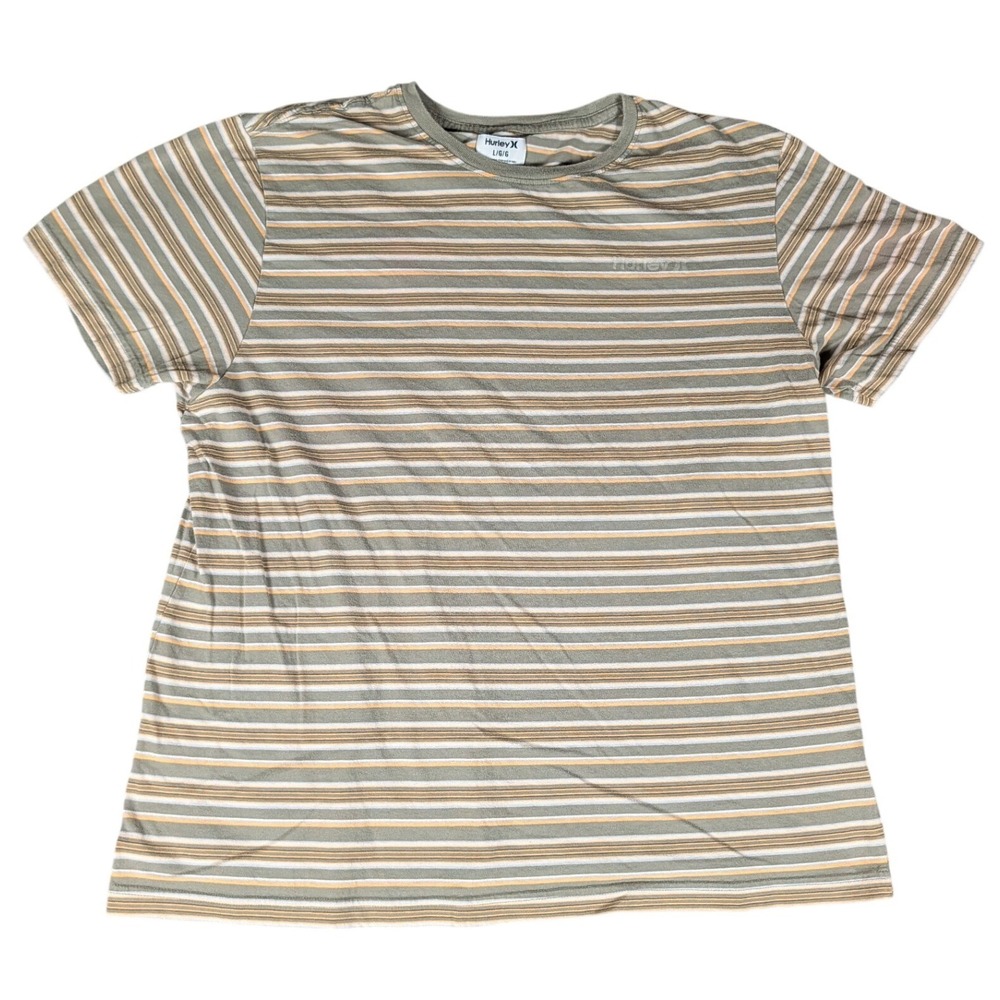 Hurley T-Shirt Men Large Green Orange Striped Short Sleeve Logo Excellent